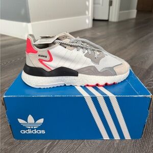 Adidas White and Gray Shoes with Red Highlights